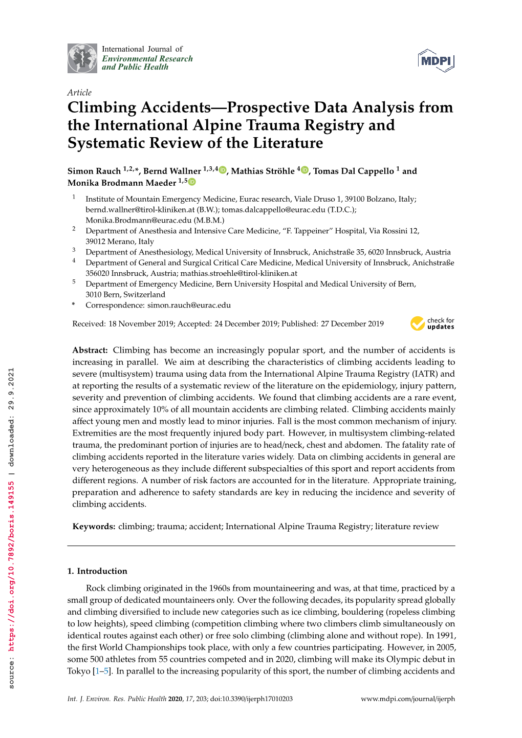 Climbing Accidents—Prospective Data Analysis from the International Alpine Trauma Registry and Systematic Review of the Litera