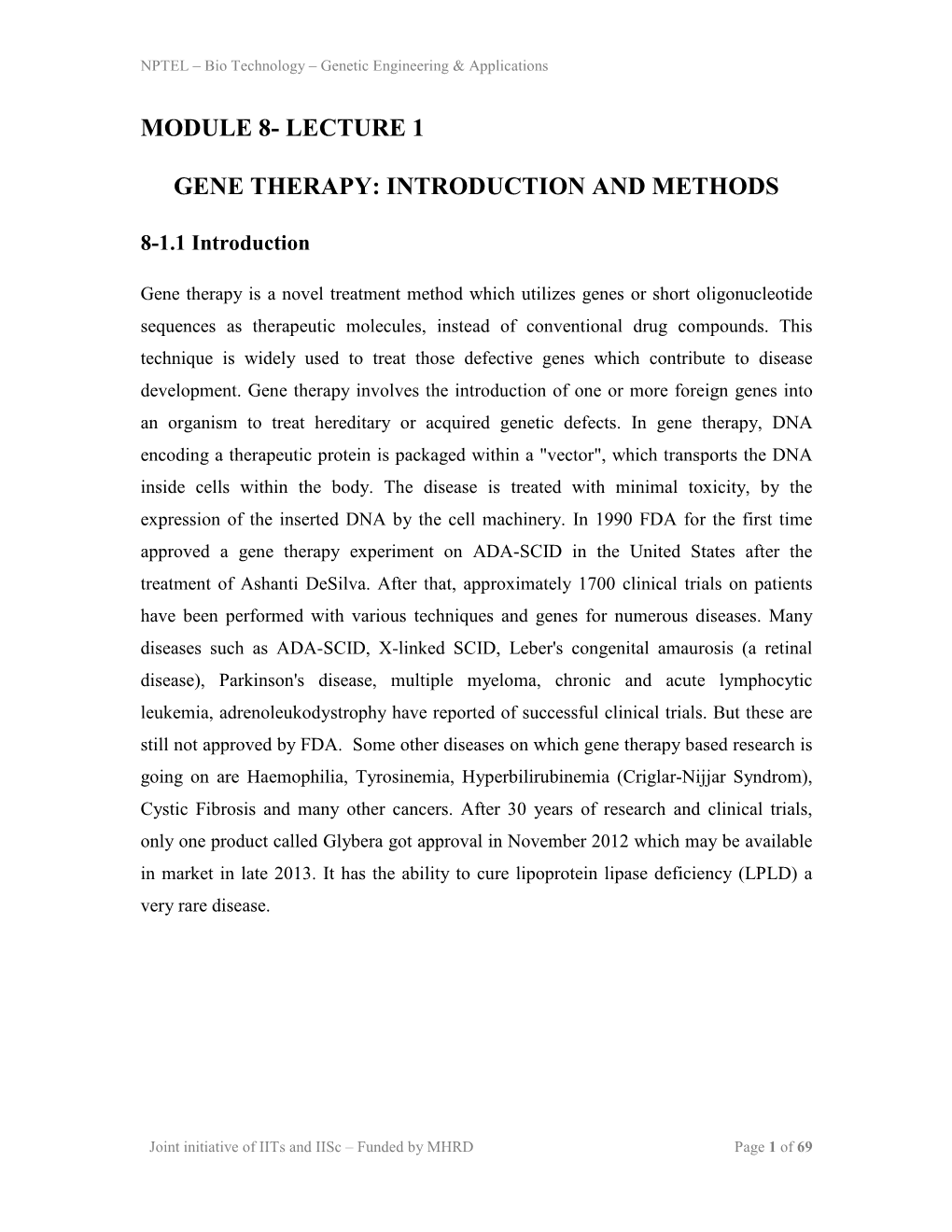 Module 8- Lecture 1 Gene Therapy: Introduction and Methods