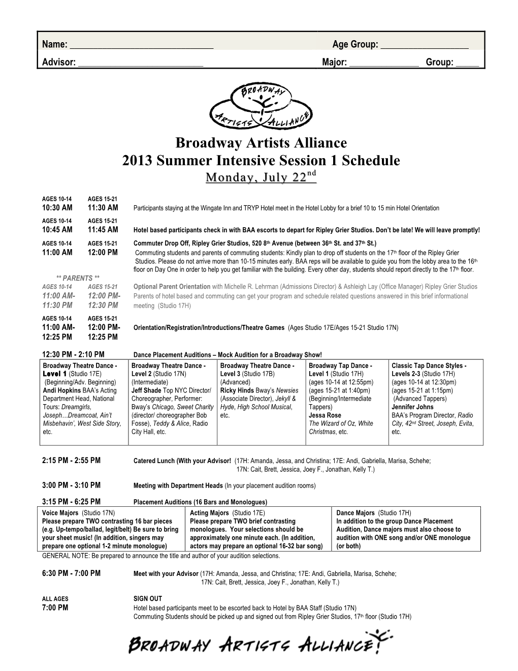 Broadway Artists Alliance 2013 Summer Intensive Session 1 Schedule Monday, July 22Nd