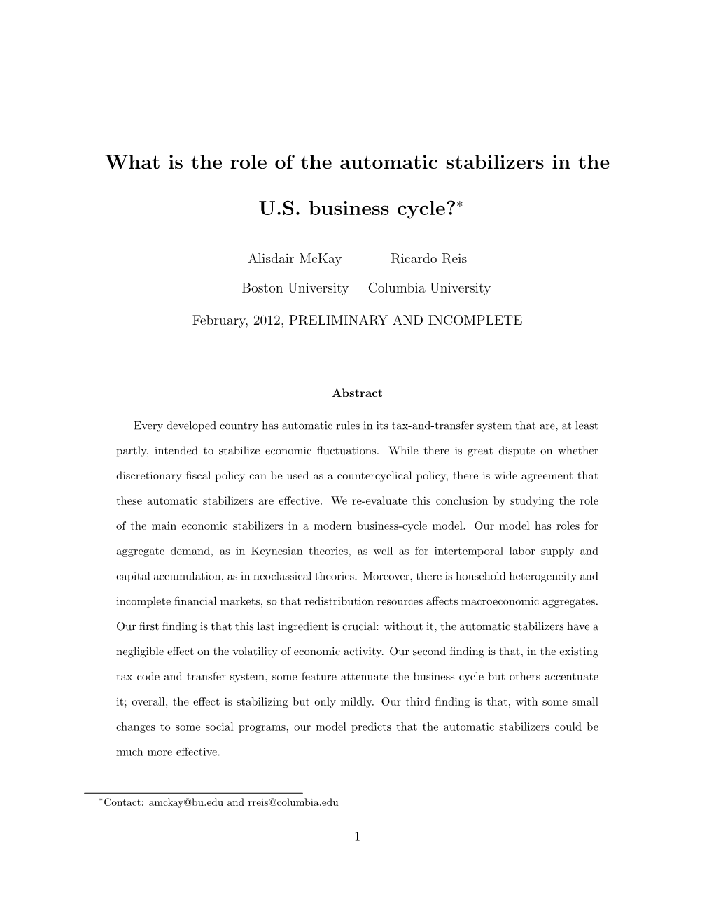 What Is the Role of the Automatic Stabilizers in the U.S. Business Cycle?