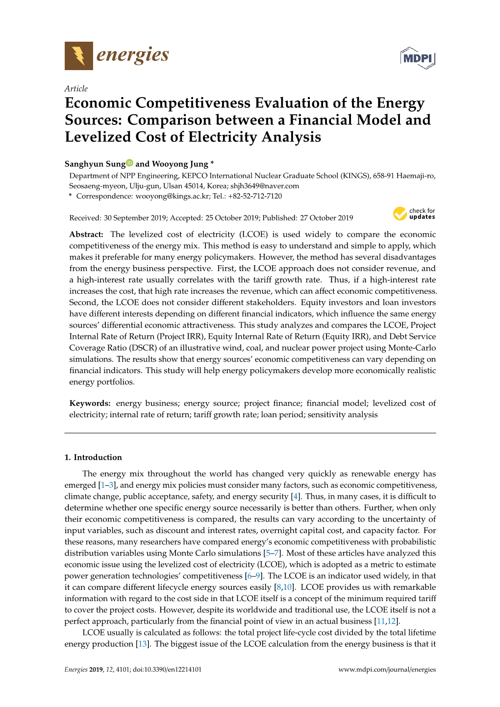 Economic Competitiveness Evaluation of the Energy Sources: Comparison Between a Financial Model and Levelized Cost of Electricity Analysis