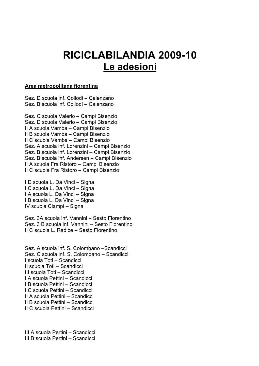 RICICLABILANDIA 2009-10 Le Adesioni