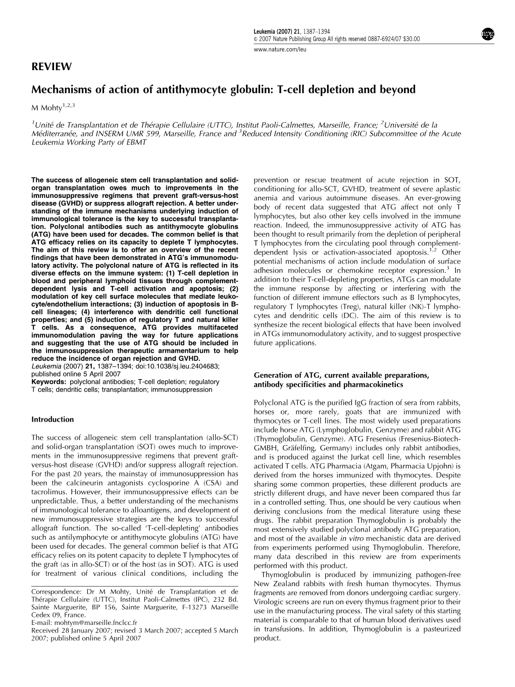 REVIEW Mechanisms of Action of Antithymocyte Globulin: T-Cell