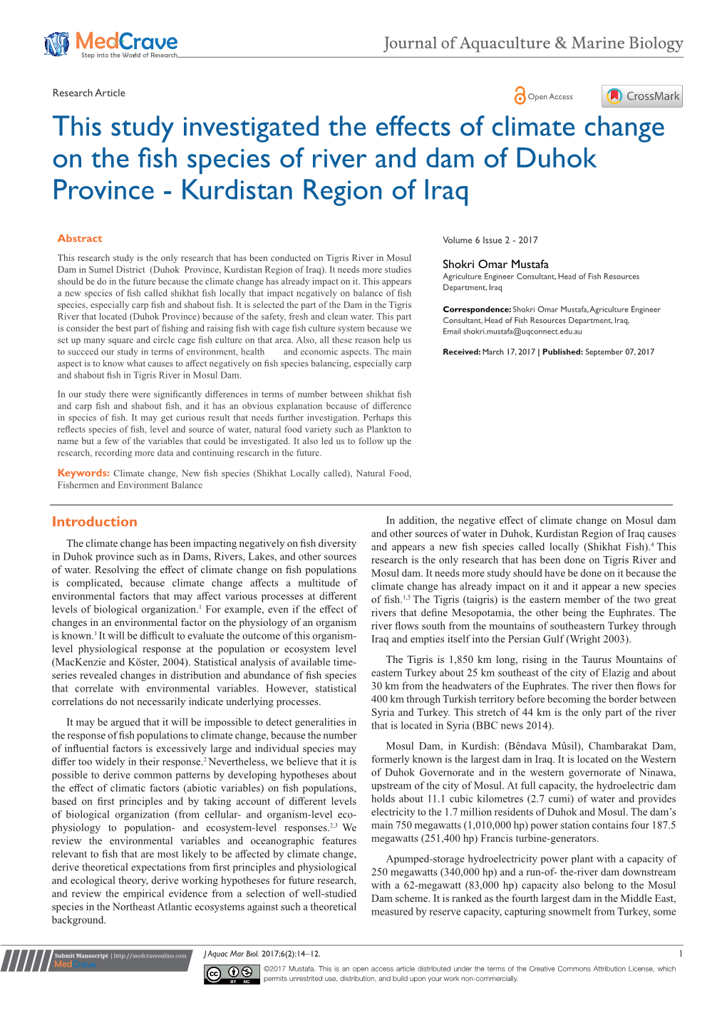 This Study Investigated the Effects of Climate Change on the Fish Species of River and Dam of Duhok Province - Kurdistan Region of Iraq