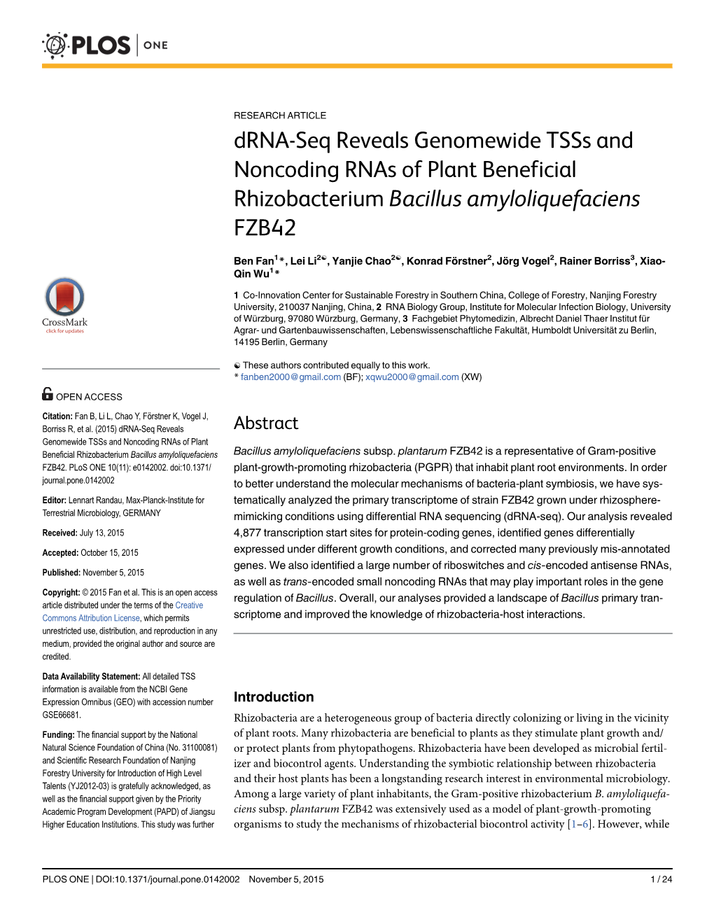 Drna-Seq Reveals Genomewide Tsss and Noncoding Rnas of Plant Beneficial Rhizobacterium Bacillus Amyloliquefaciens FZB42