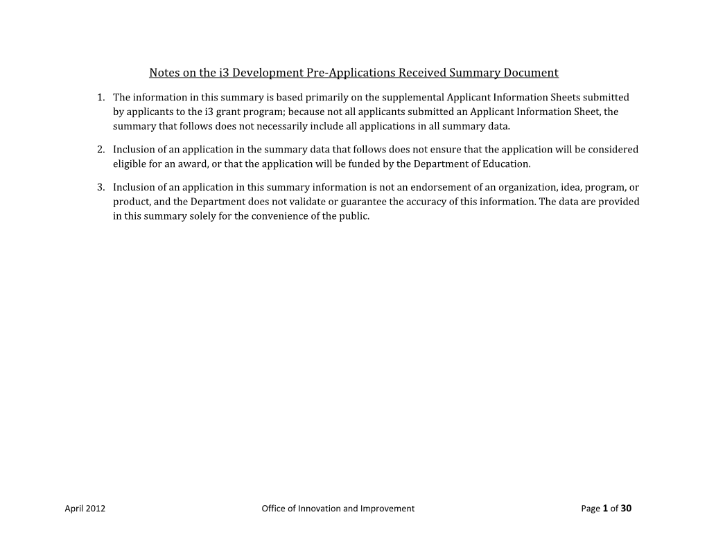 Notes on the I3 Development Pre-Applications Received Sumary Document (MS Word)