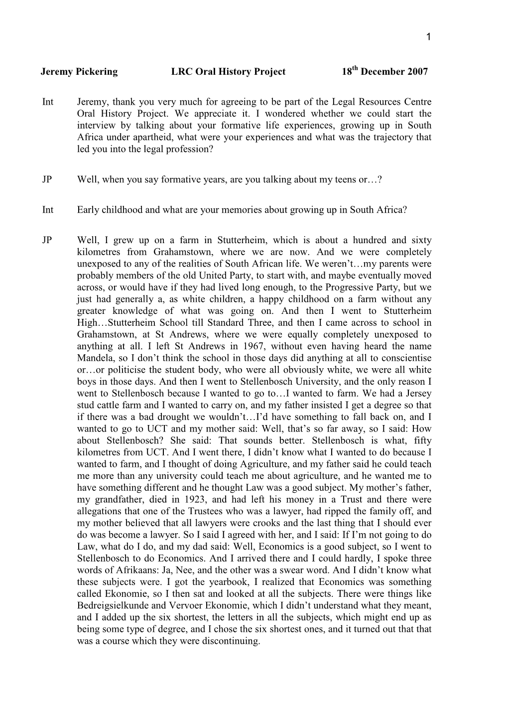 Jeremy Pickering LRC Oral History Project 18Th December 2007