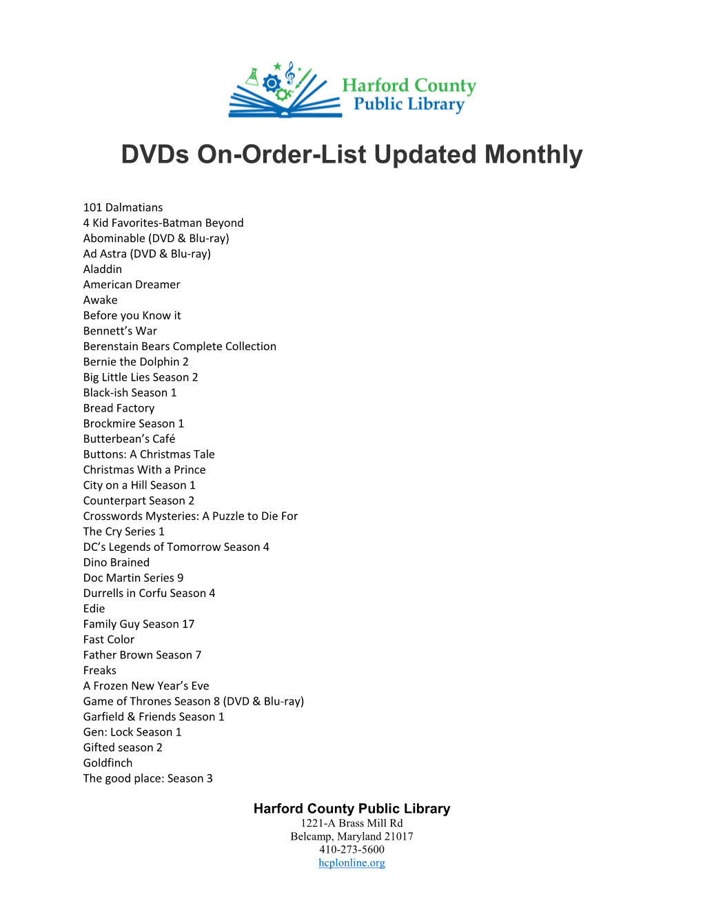 Dvds On-Order-List Updated Monthly