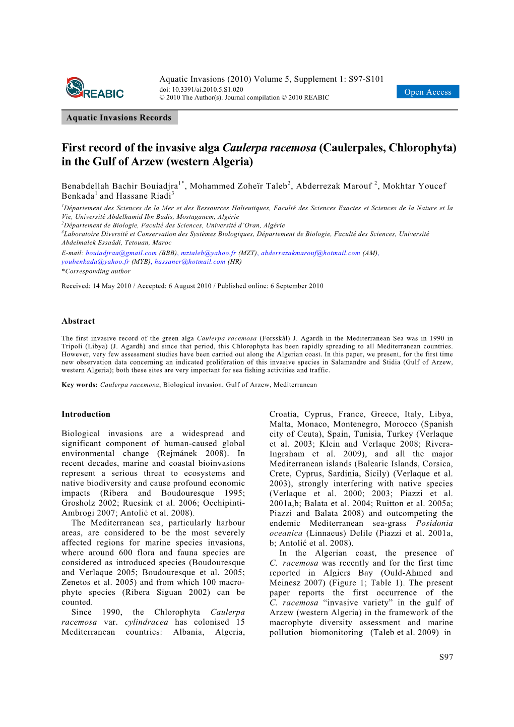 First Record of the Invasive Alga Caulerpa Racemosa (Caulerpales, Chlorophyta) in the Gulf of Arzew (Western Algeria)