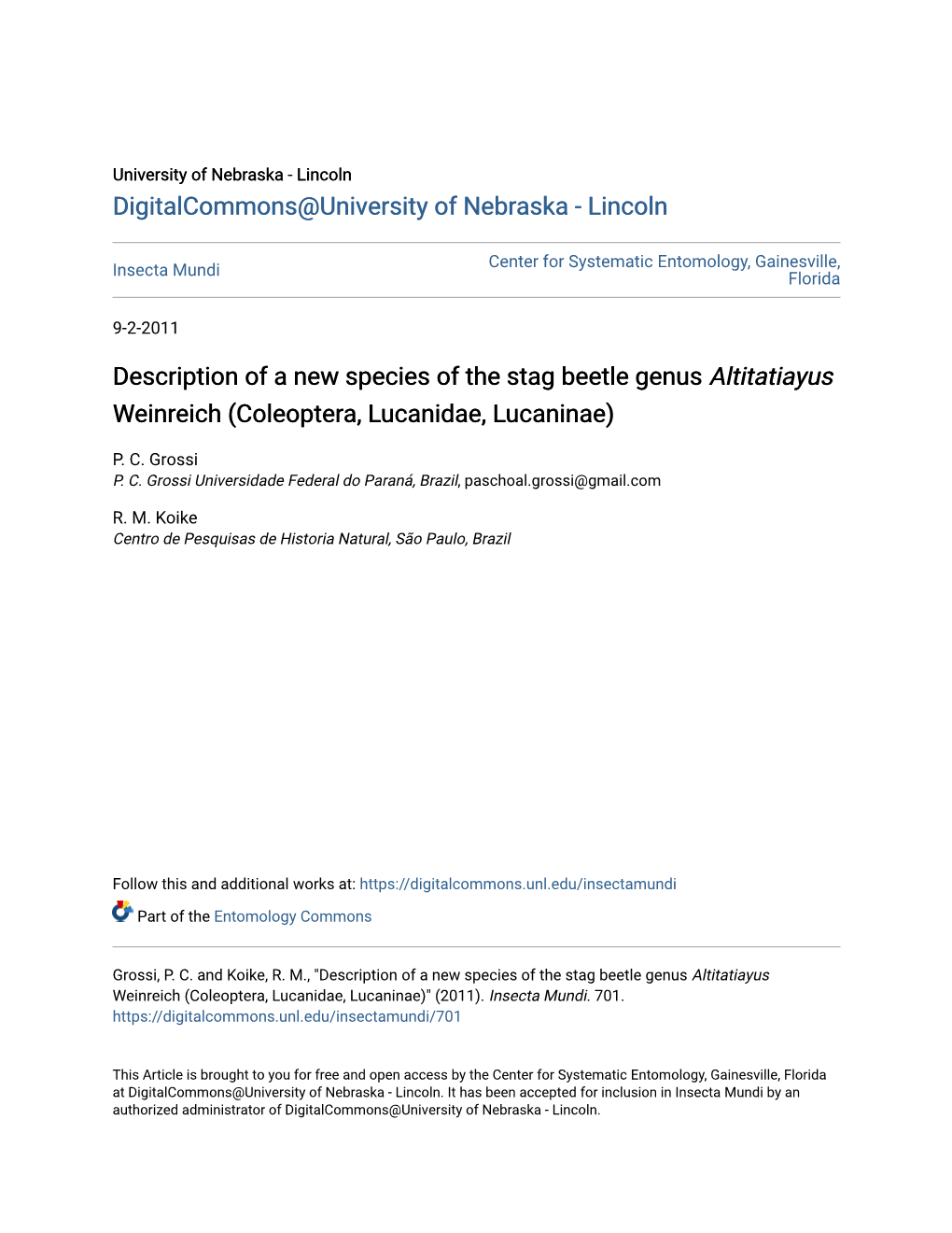 Description of a New Species of the Stag Beetle Genus <I>Altitatiayus</I