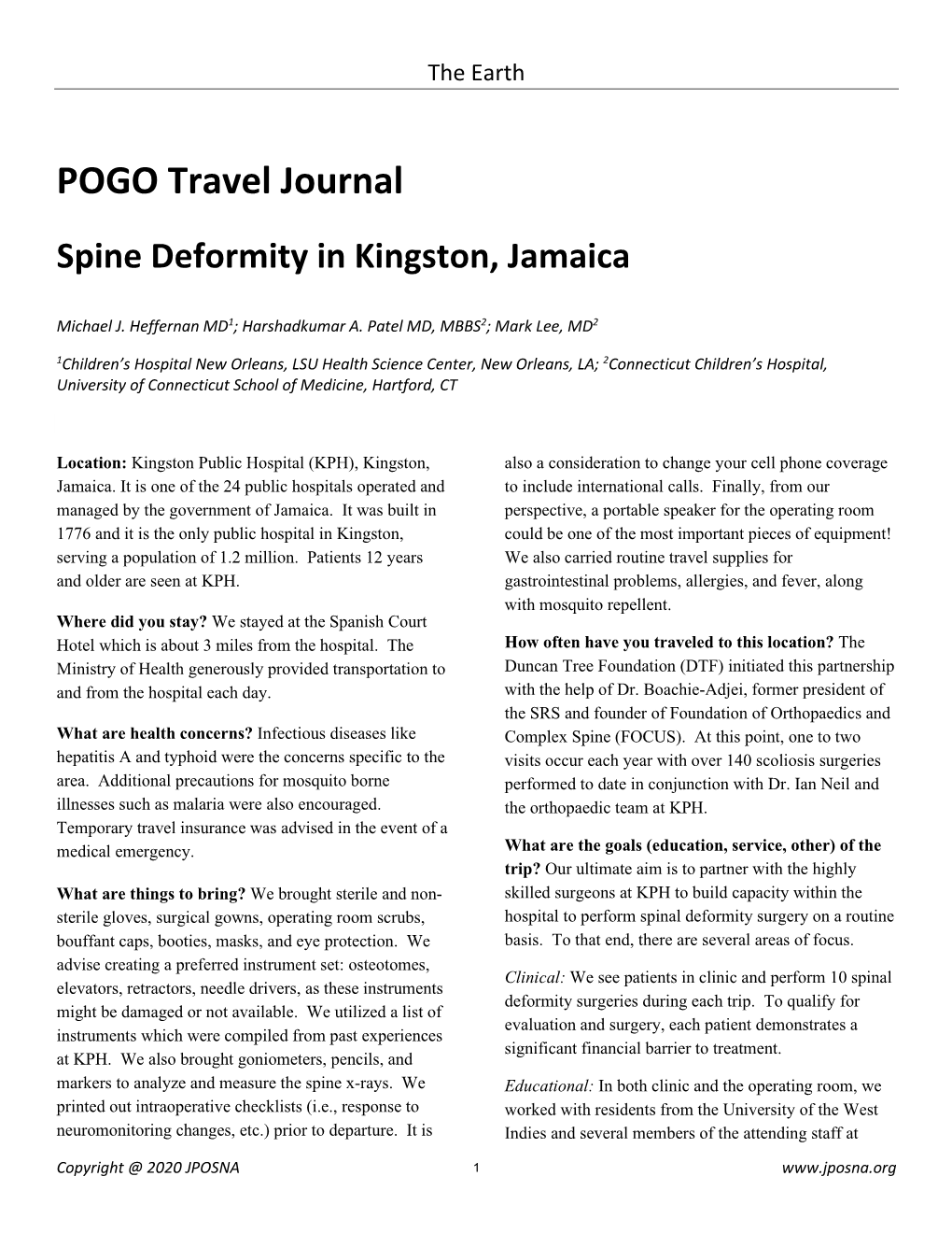 POGO Travel Journal Spine Deformity in Kingston, Jamaica