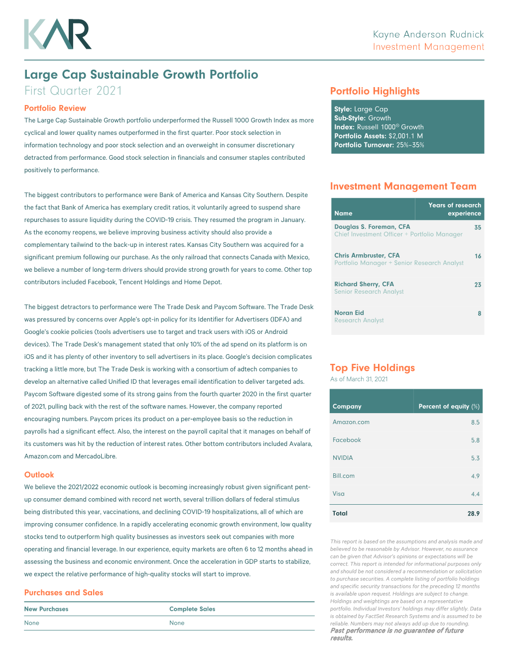 KAR Large Cap Sustainable Growth Fact Sheet