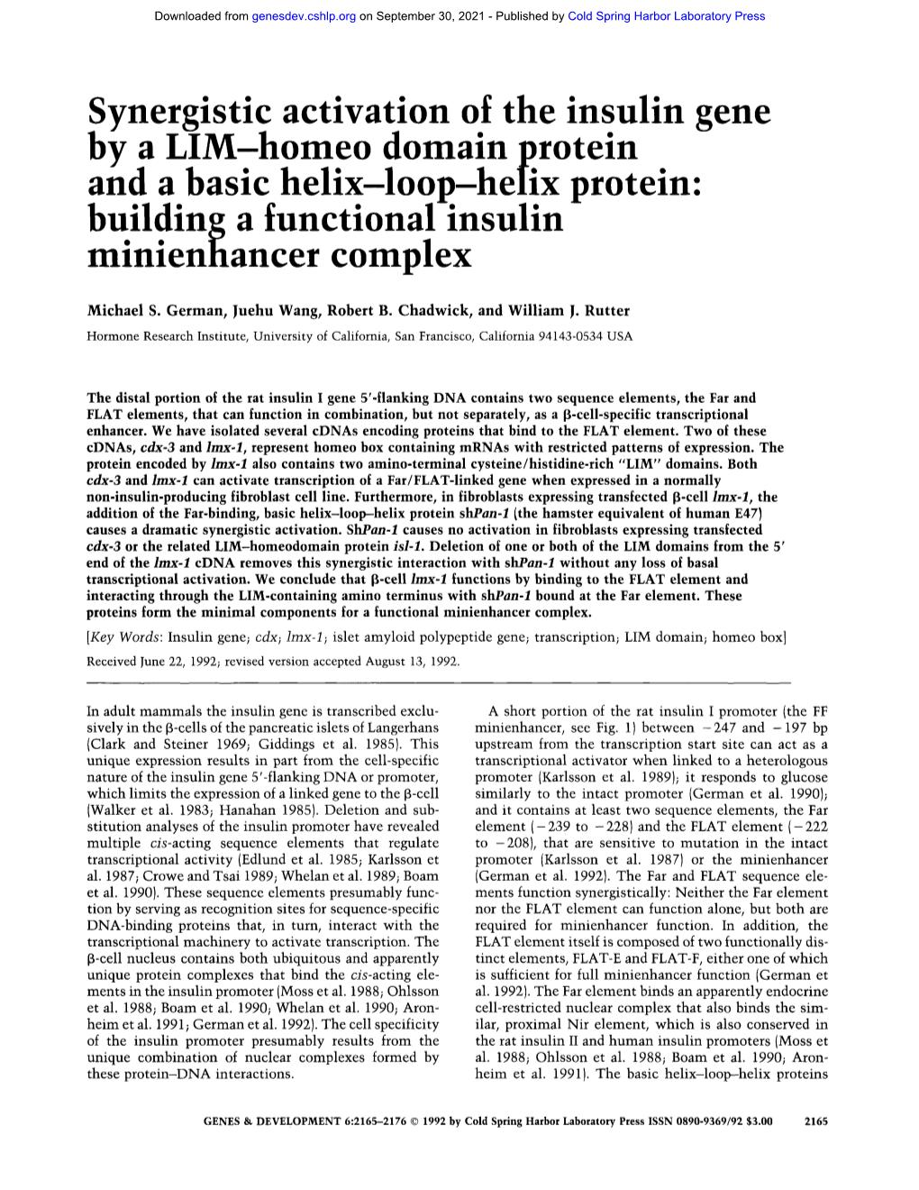 Synergistic Activation of the Insulin Gene by a LIM-Homeo Domain Protein and a Basic Helix-Loop-Helix Protein: Building a Functional Insulin Mmlenhancer Complex