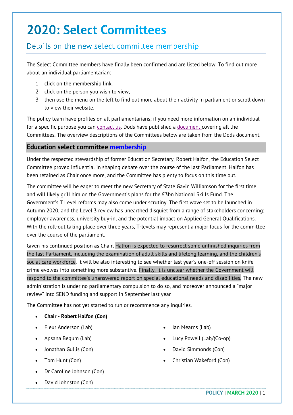 Education Select Committee Membership