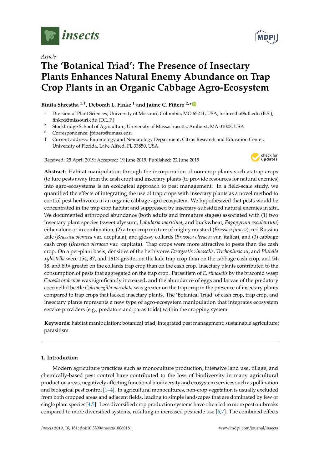 The Presence of Insectary Plants Enhances Natural Enemy Abundance on Trap Crop Plants in an Organic Cabbage Agro-Ecosystem