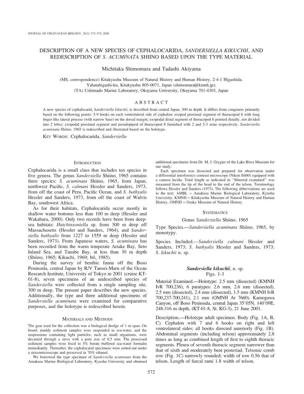 Description of a New Species of Cephalocarida, Sandersiella Kikuchii, and Redescription of S. Acuminata Shiino Based Upon the Type Material