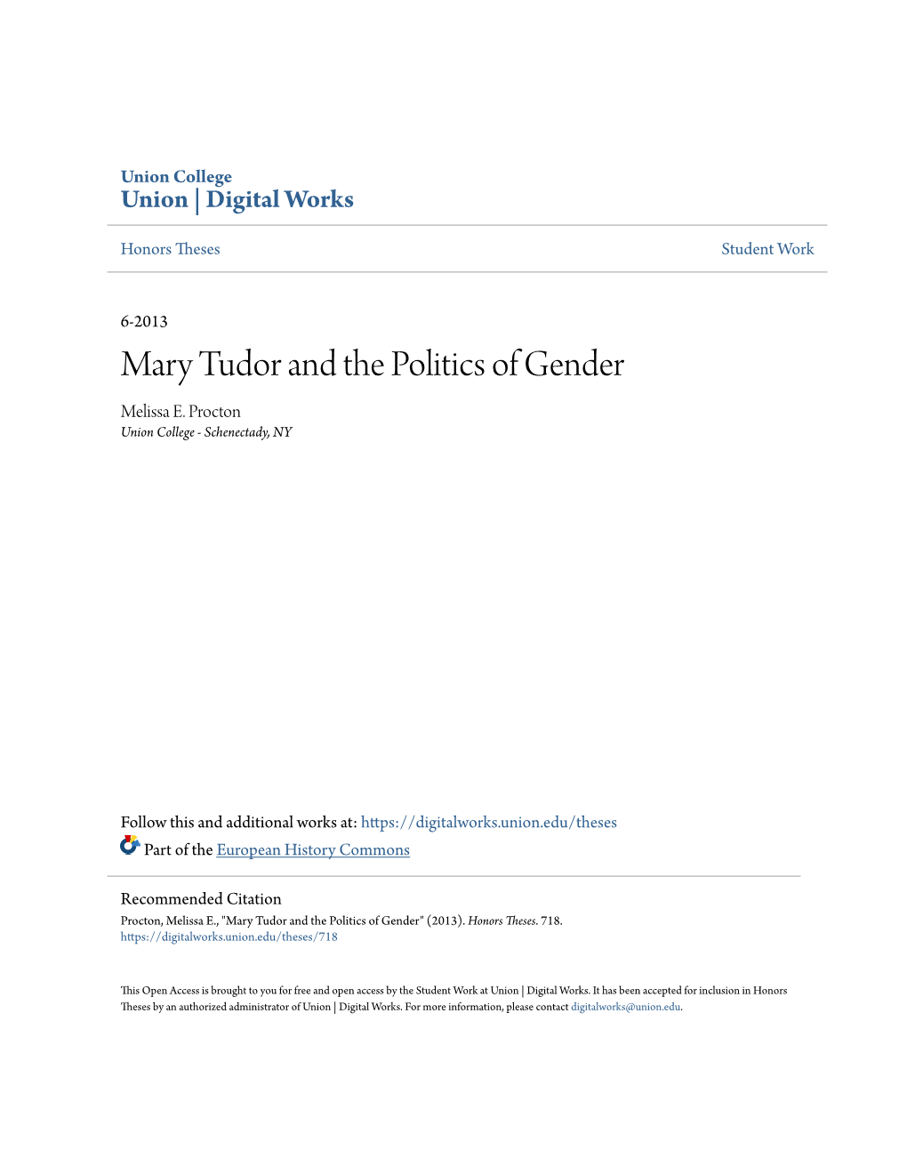 Mary Tudor and the Politics of Gender Melissa E
