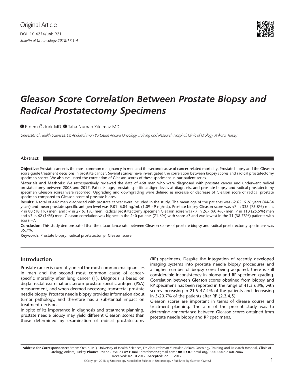 Gleason Score Correlation Between Prostate Biopsy and Radical Prostatectomy Specimens