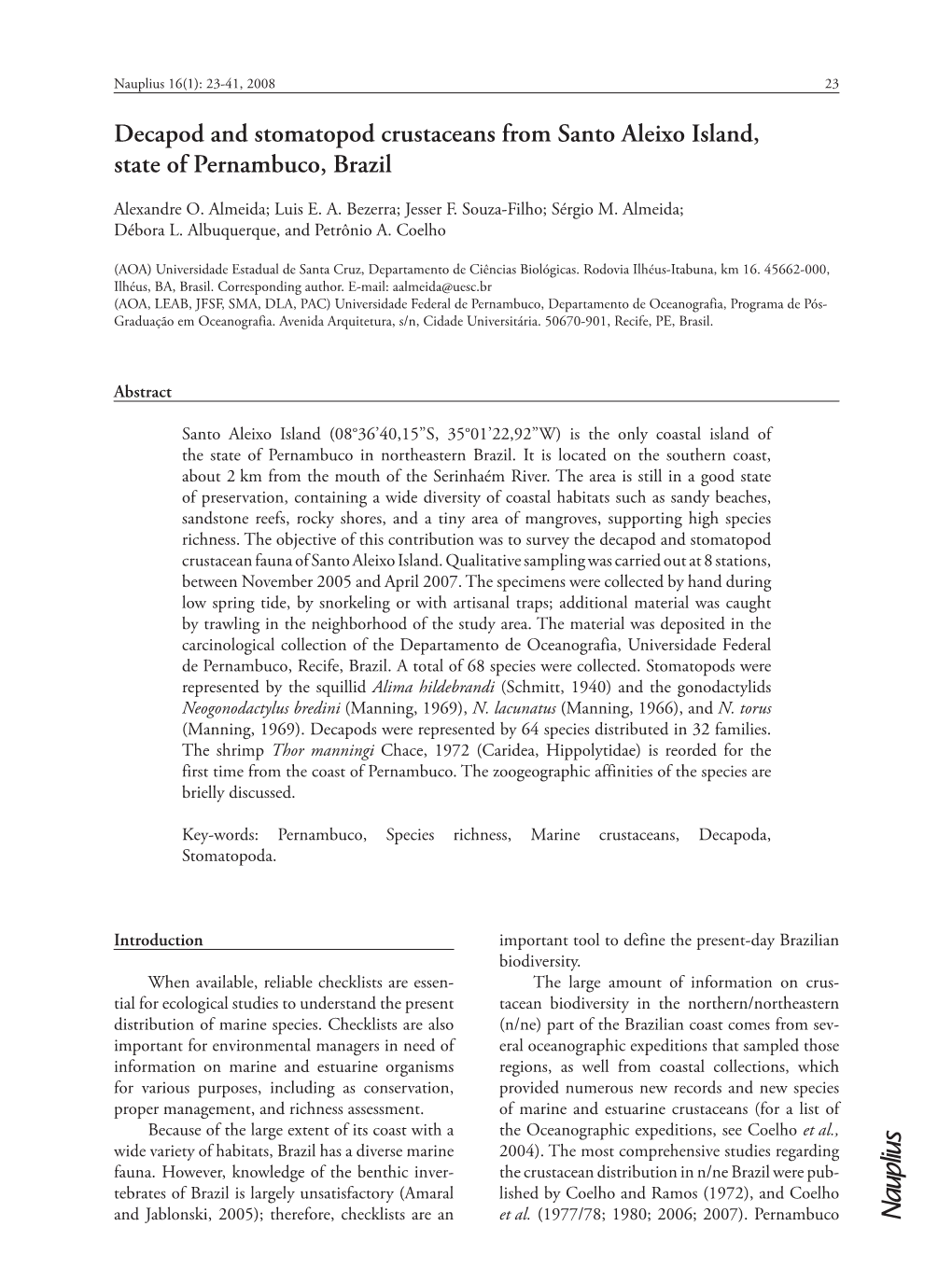 Decapod and Stomatopod Crustaceans from Santo Aleixo Island, State of Pernambuco, Brazil