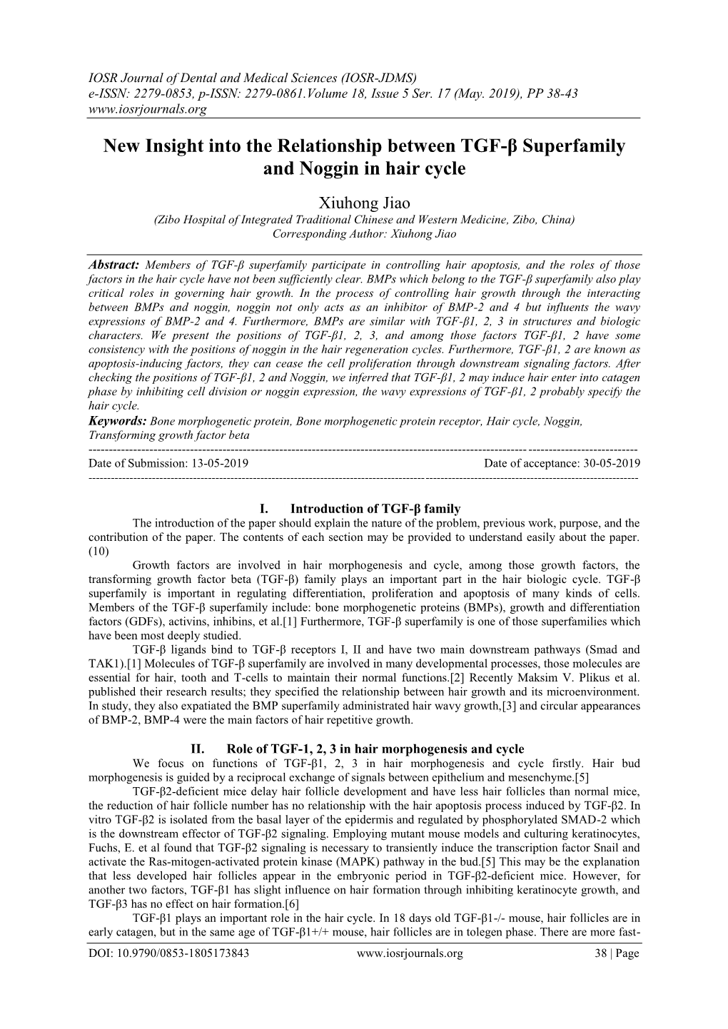 New Insight Into the Relationship Between TGF-Β Superfamily and Noggin in Hair Cycle