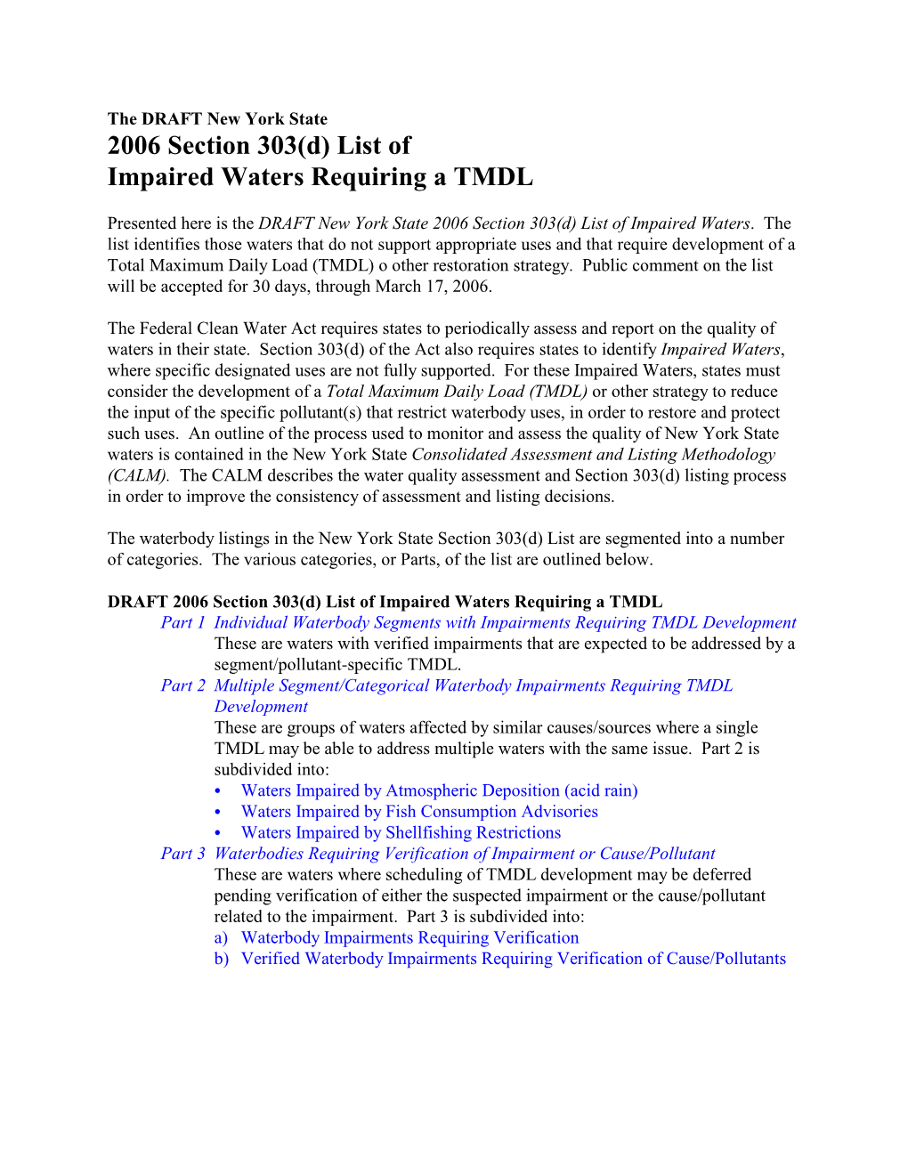 2006 Section 303(D) List of Impaired Waters Requiring a TMDL