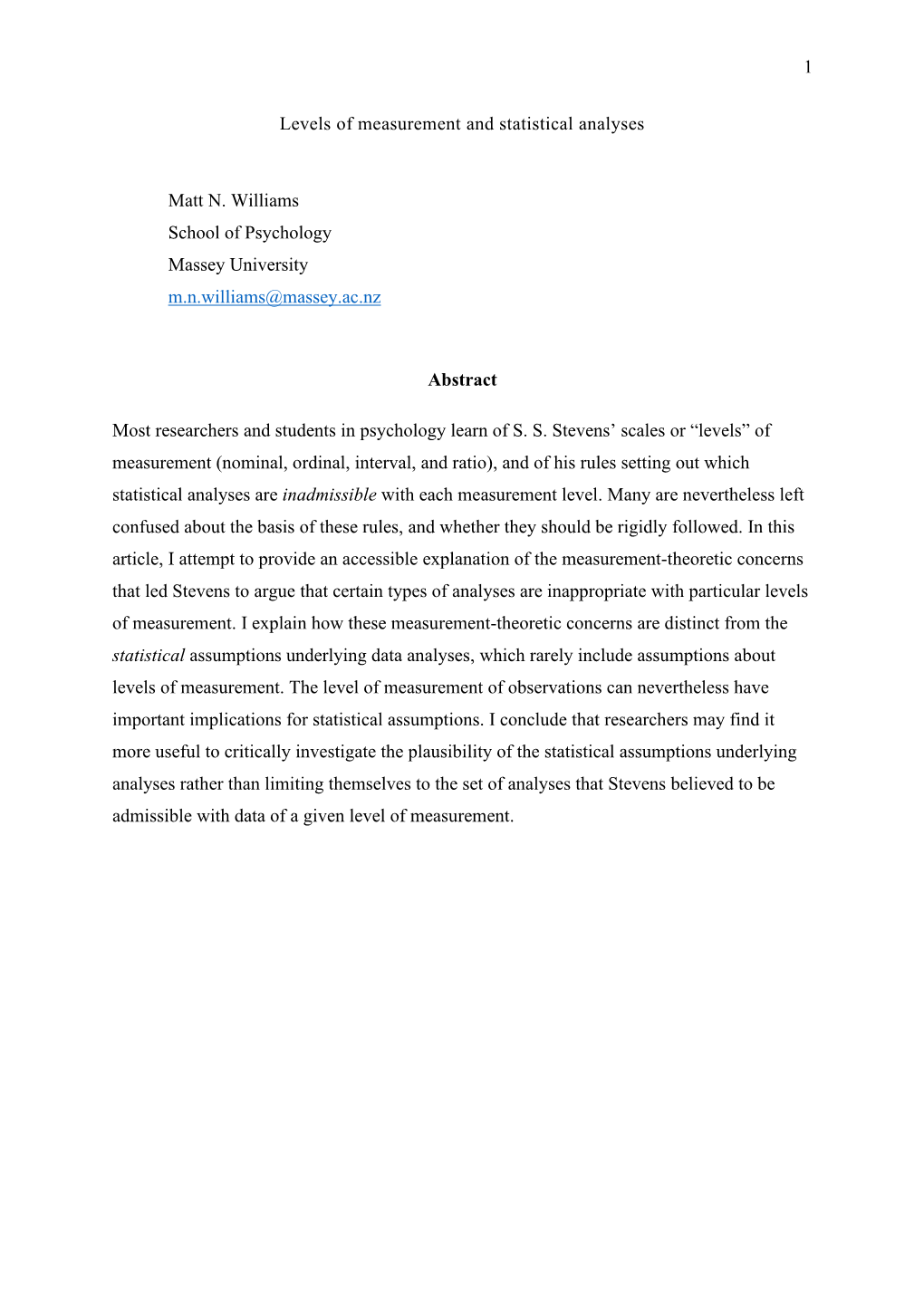 1 Levels of Measurement and Statistical Analyses Matt N. Williams