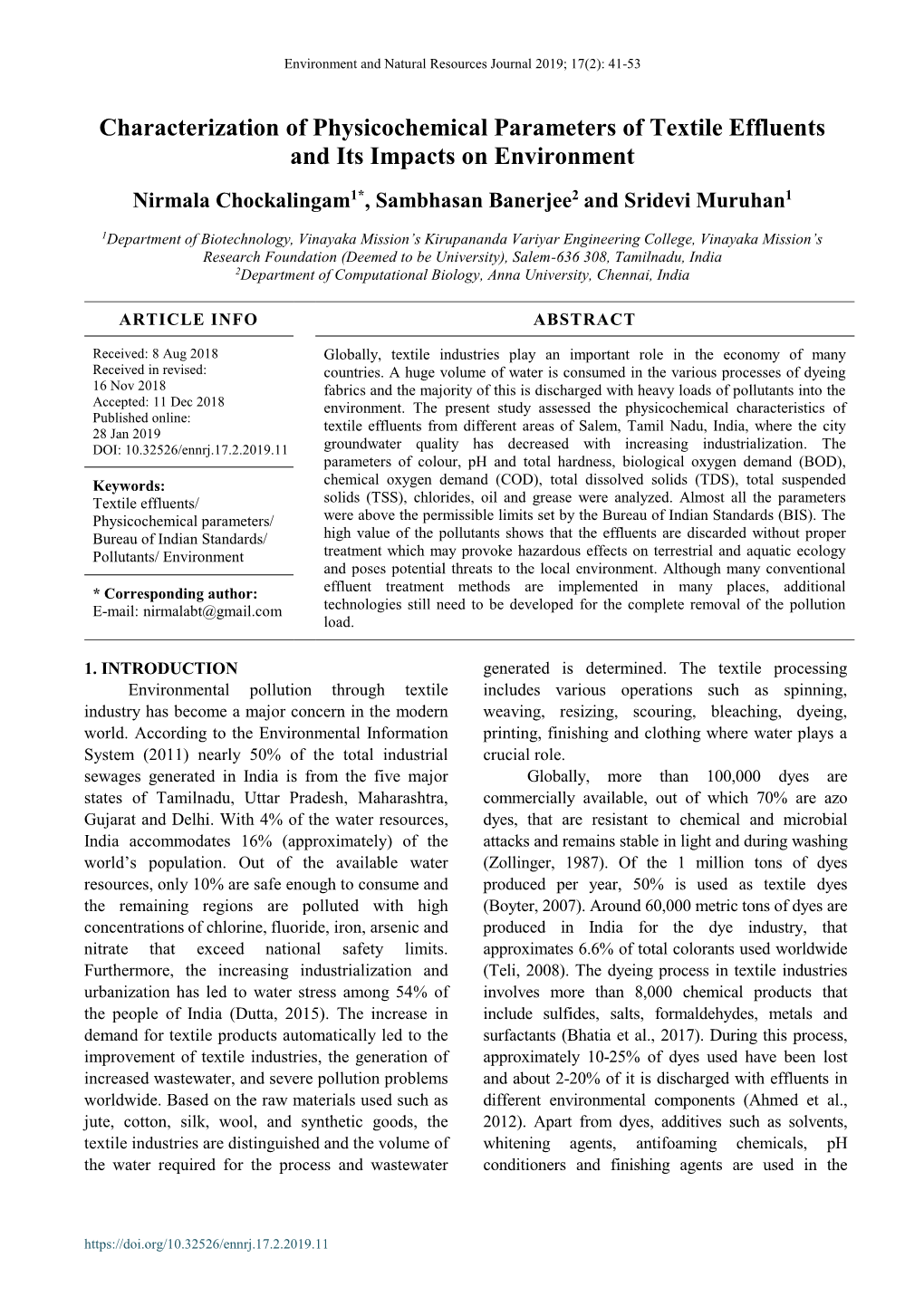 Characterization of Physicochemical Parameters of Textile Effluents and Its Impacts on Environment