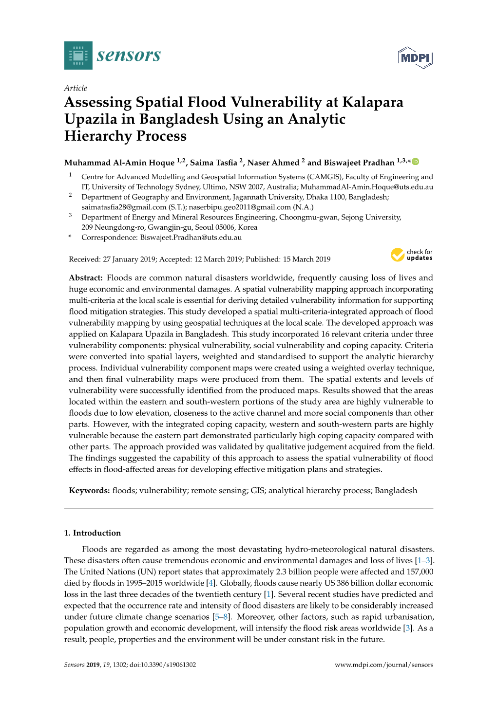 Assessing Spatial Flood Vulnerability at Kalapara Upazila in Bangladesh Using an Analytic Hierarchy Process