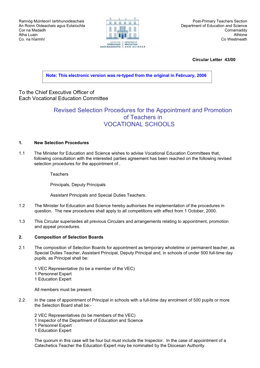 Circular 43/00 - Revised Selection Procedures for the Appointment and Promotion of Teachers