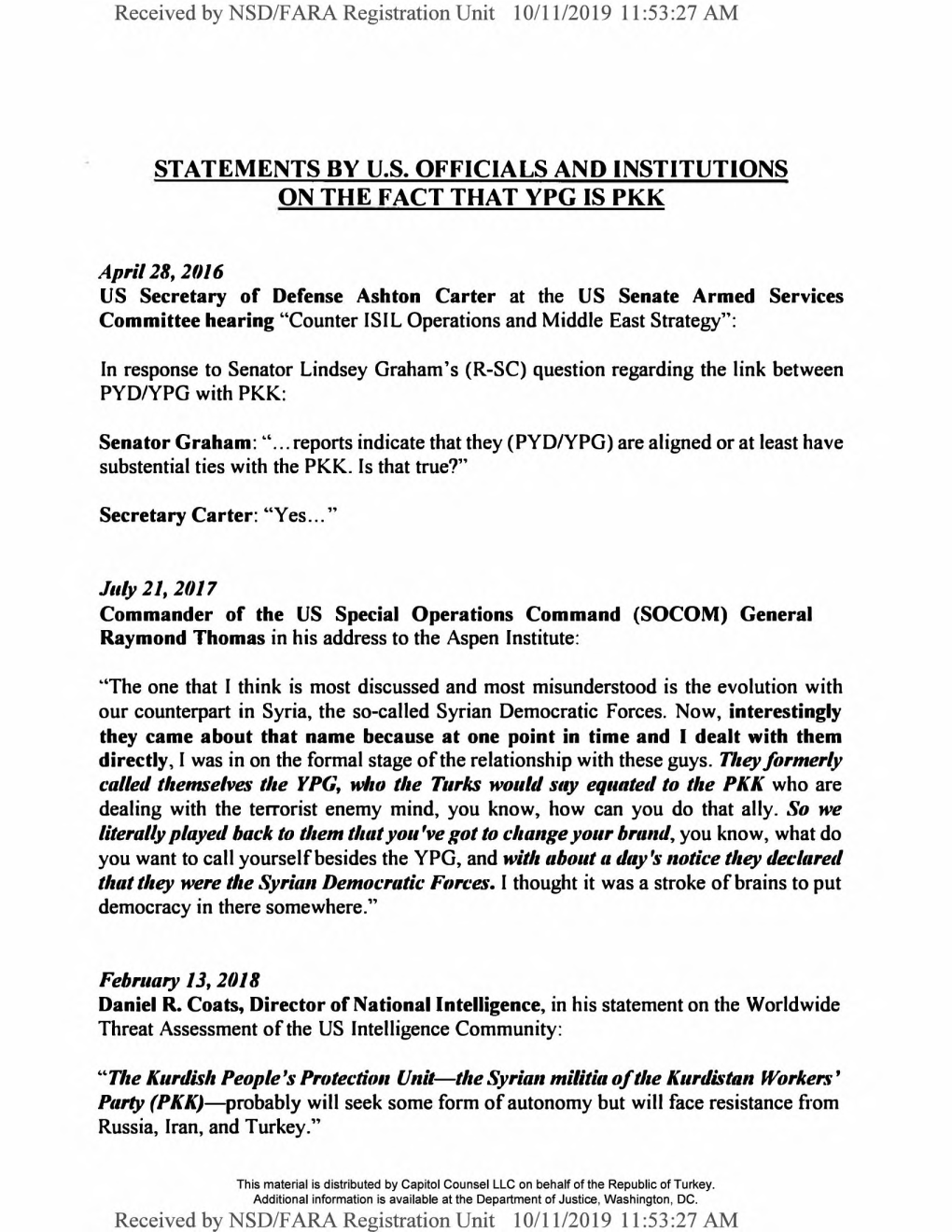 Statements by U.S. Officials and Institutions on the Fact That Ypg Is Pkk