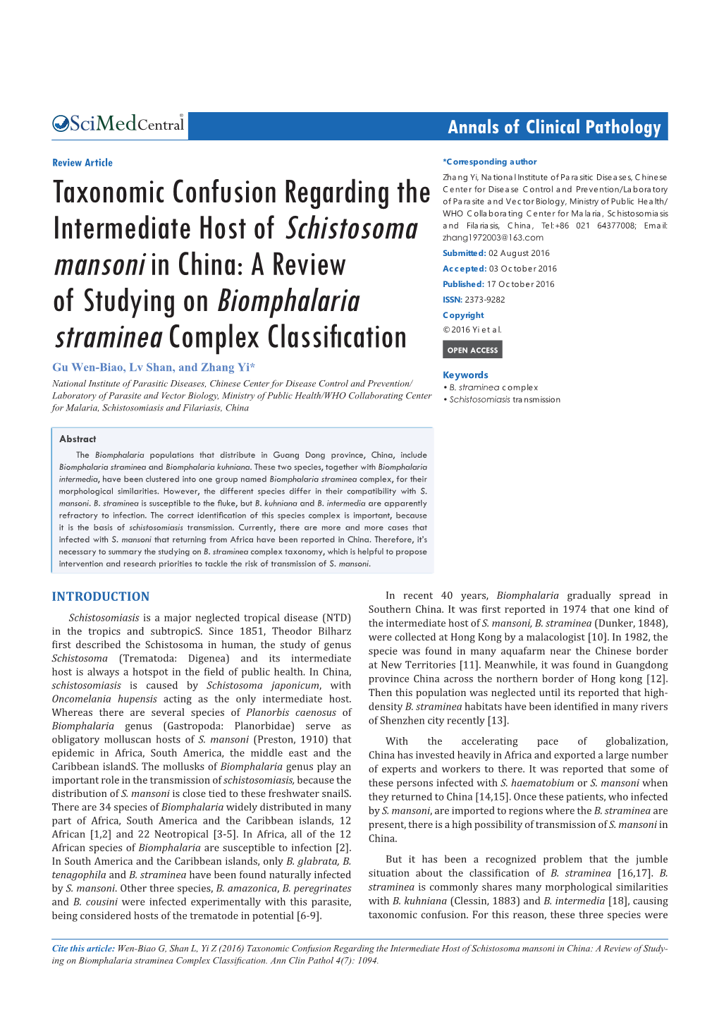 Taxonomic Confusion Regarding the Intermediate Host of Schistosoma Mansoni in China: a Review of Study- Ing on Biomphalaria Straminea Complex Classification