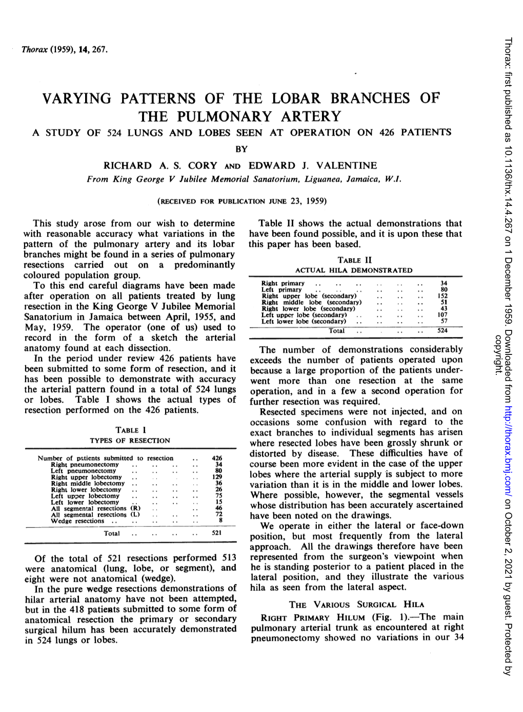 Varying Patterns of the Lobar Branches of the Pulmonary Artery a Study of 524 Lungs and Lobes Seen at Operation on 426 Patients by Richard A