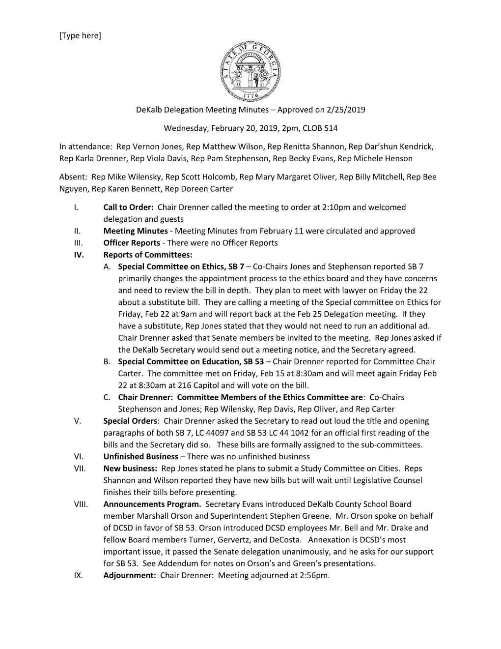 Dekalb Delegation Meeting Minutes – Approved on 2/25/2019