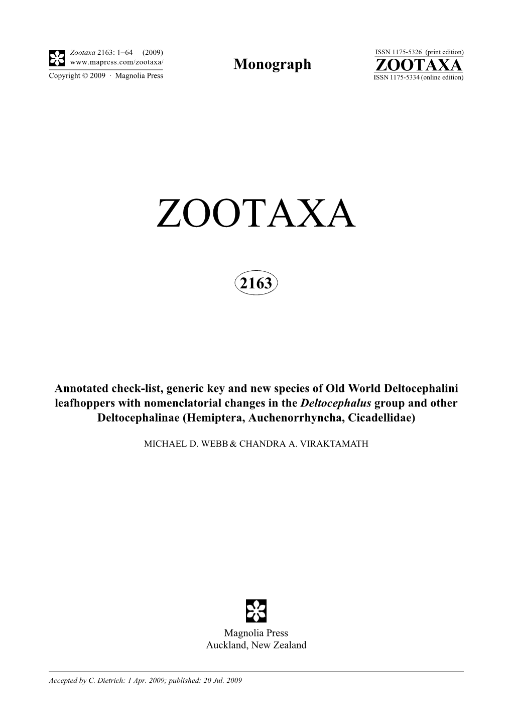 Zootaxa, Annotated Check-List, Generic Key and New