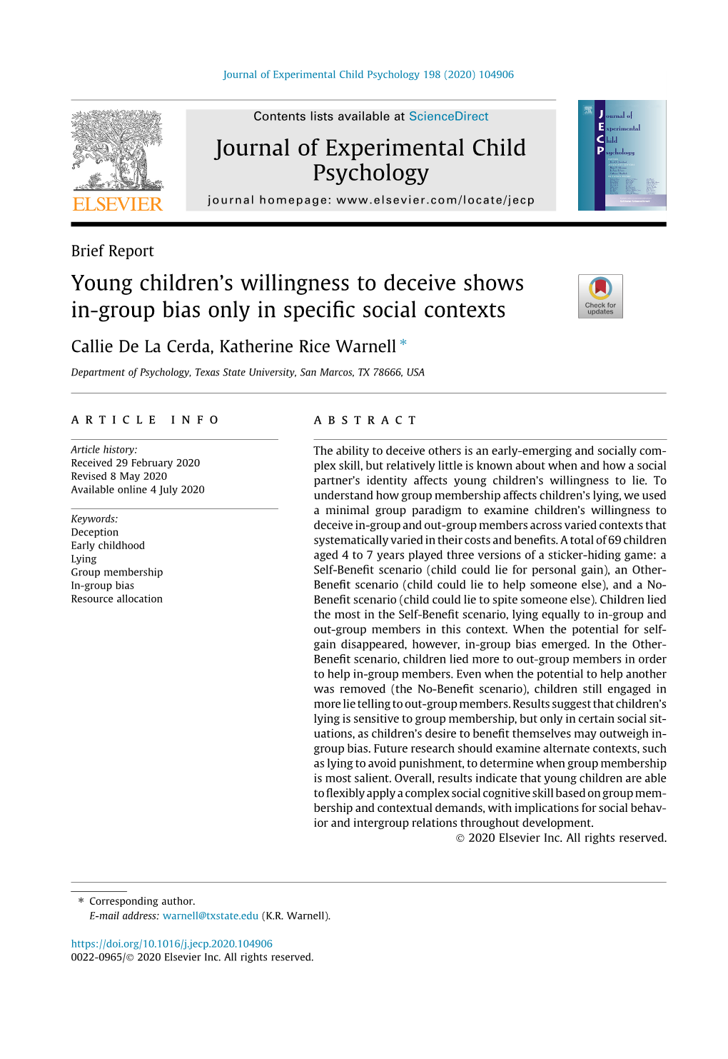 Young Childrenâ€™S Willingness to Deceive Shows In-Group Bias Only In