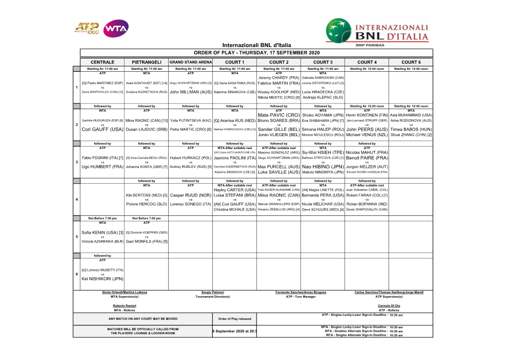 Internazionali BNL D'italia ORDER of PLAY - THURSDAY, 17 SEPTEMBER 2020