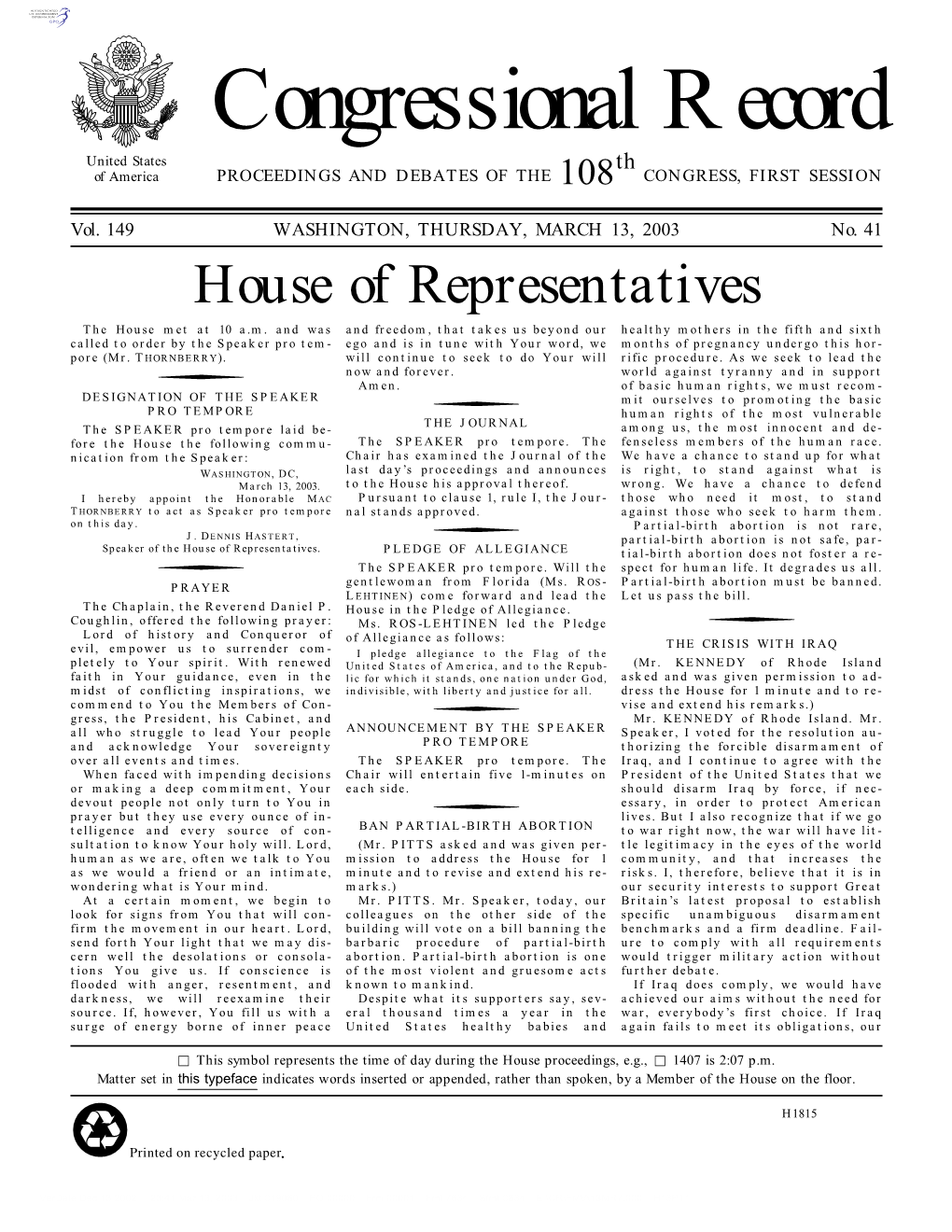 Congressional Record United States Th of America PROCEEDINGS and DEBATES of the 108 CONGRESS, FIRST SESSION