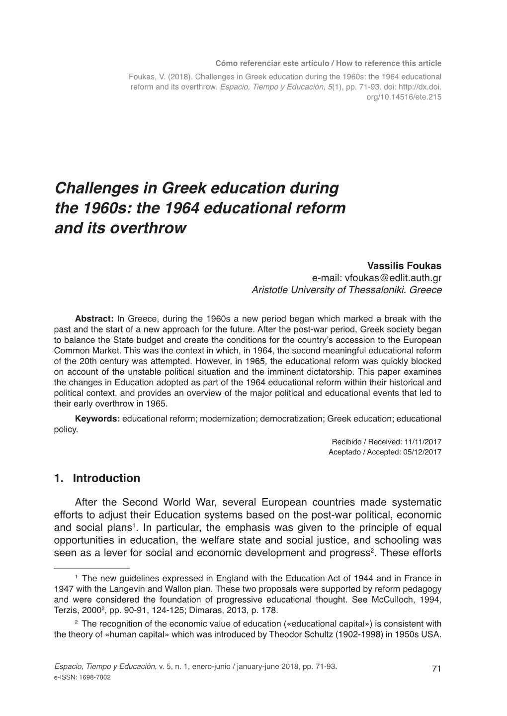 Challenges in Greek Education During the 1960S: the 1964 Educational Reform and Its Overthrow