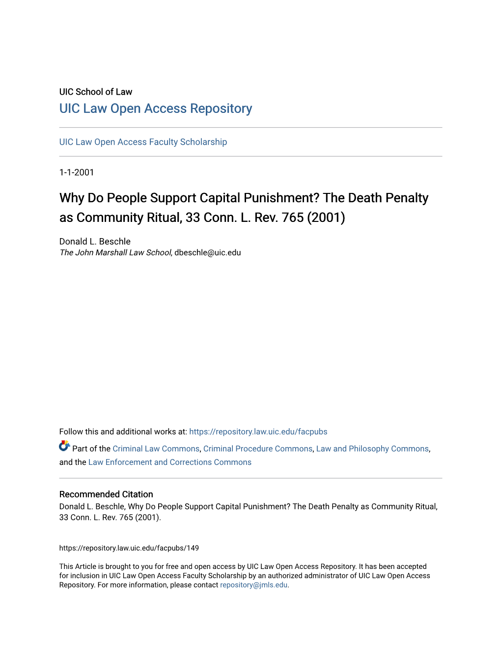 Why Do People Support Capital Punishment? the Death Penalty As Community Ritual, 33 Conn