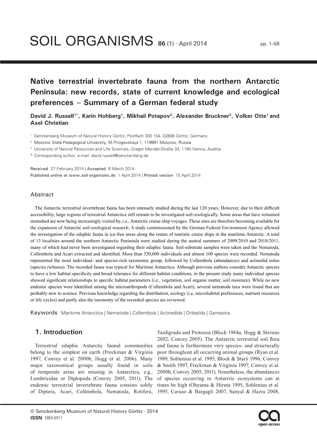 Native Terrestrial Invertebrate Fauna from the Northern Antarctic Peninsula