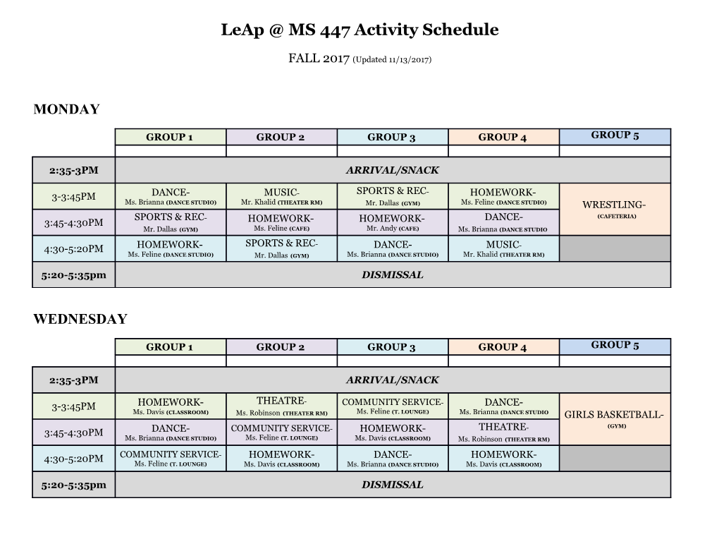 Leap MS 447 Activity Schedule