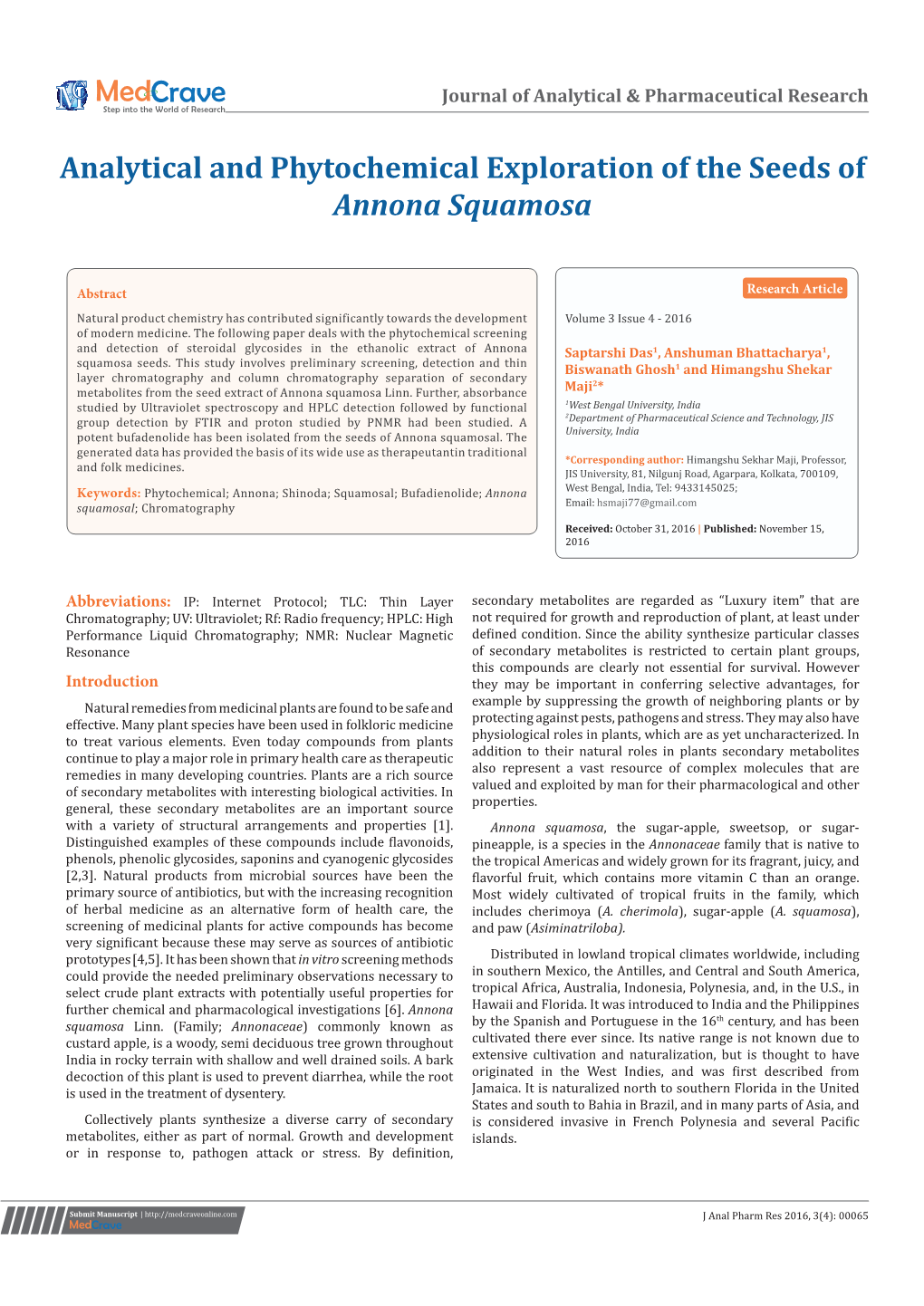 Analytical and Phytochemical Exploration of the Seeds of Annona Squamosa