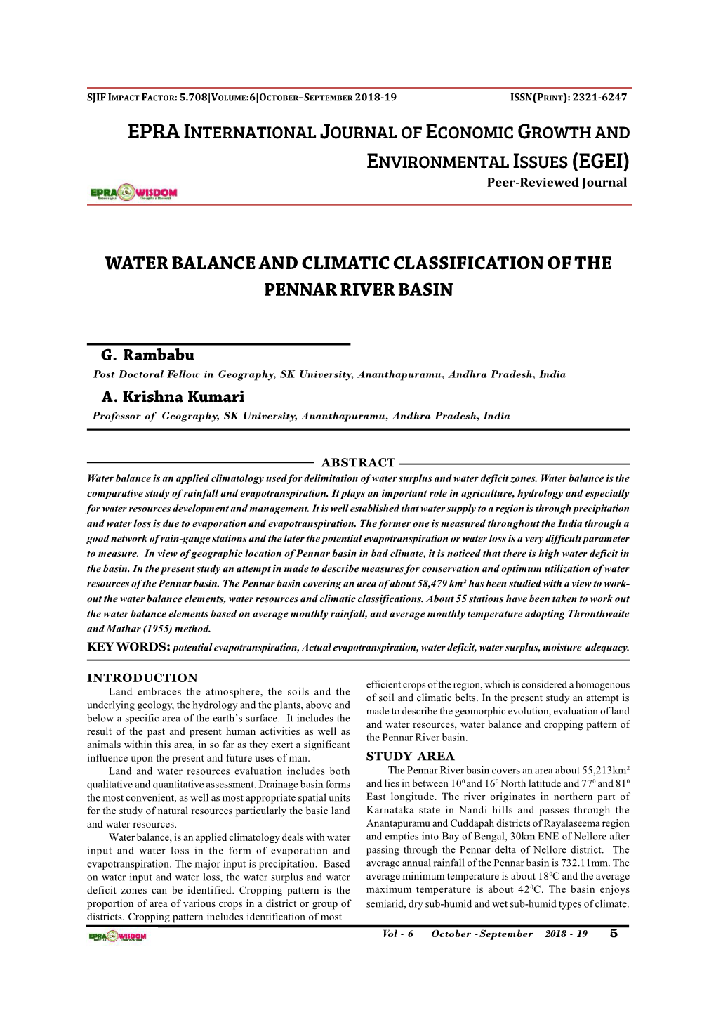 Water Balance and Climatic Classification of the Pennar River Basin