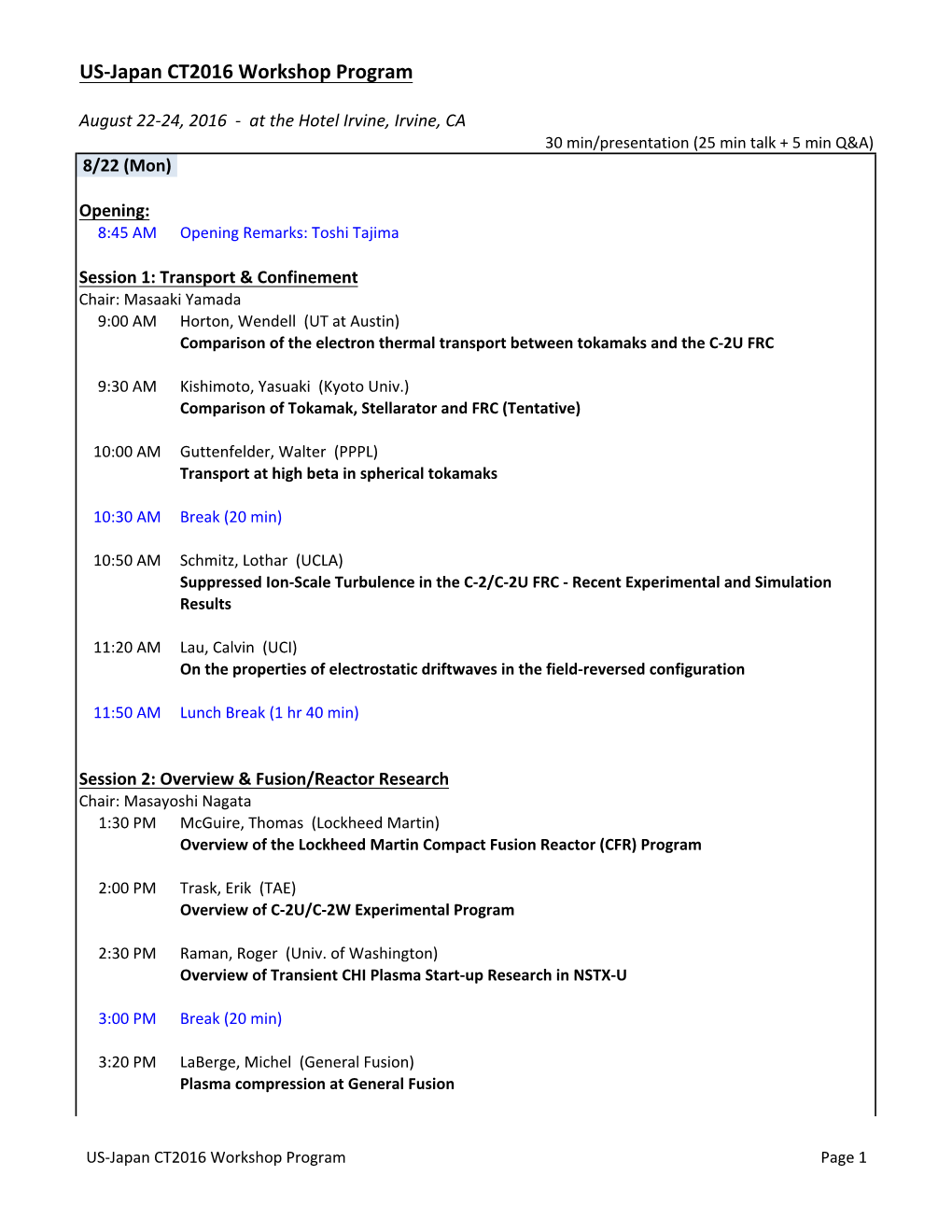 US-Japan CT2016 Workshop Program