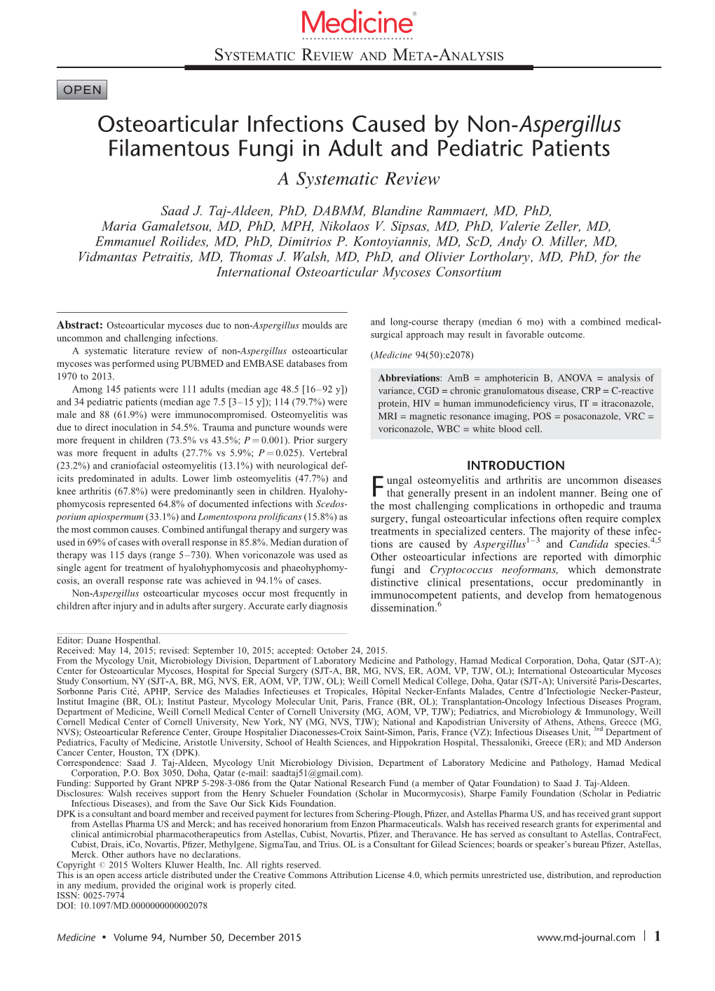 Osteoarticular Infections Caused by Non-Aspergillus Filamentous Fungi in Adult and Pediatric Patients a Systematic Review