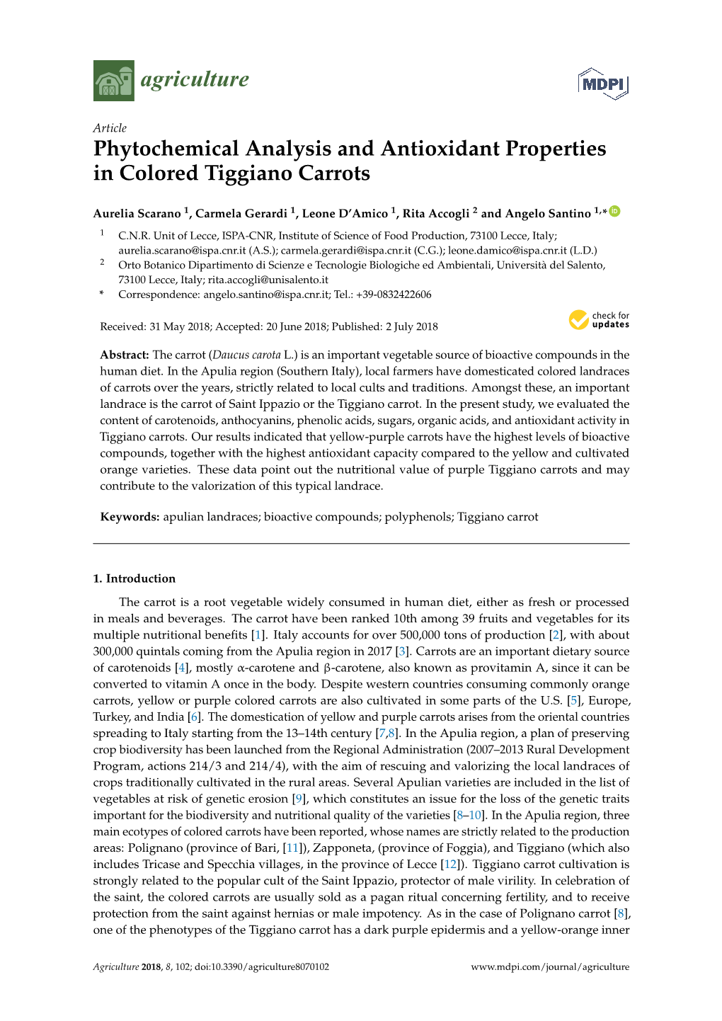 Phytochemical Analysis and Antioxidant Properties in Colored Tiggiano Carrots