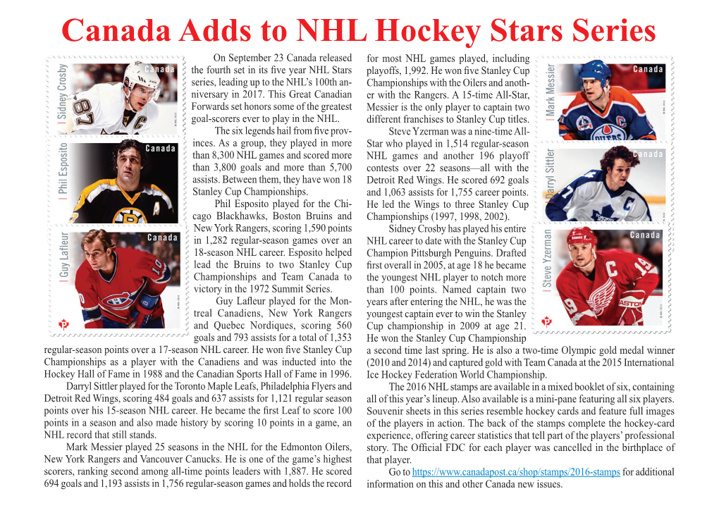 Canada Adds to NHL Hockey Stars Series on September 23 Canada Released for Most NHL Games Played, Including the Fourth Set in Its Five Year NHL Stars Playoffs, 1,992