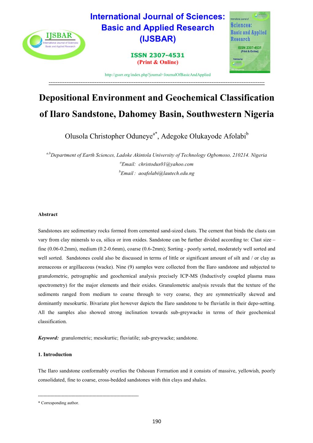 Depositional Environment and Geochemical Classification of Ilaro Sandstone, Dahomey Basin, Southwestern Nigeria