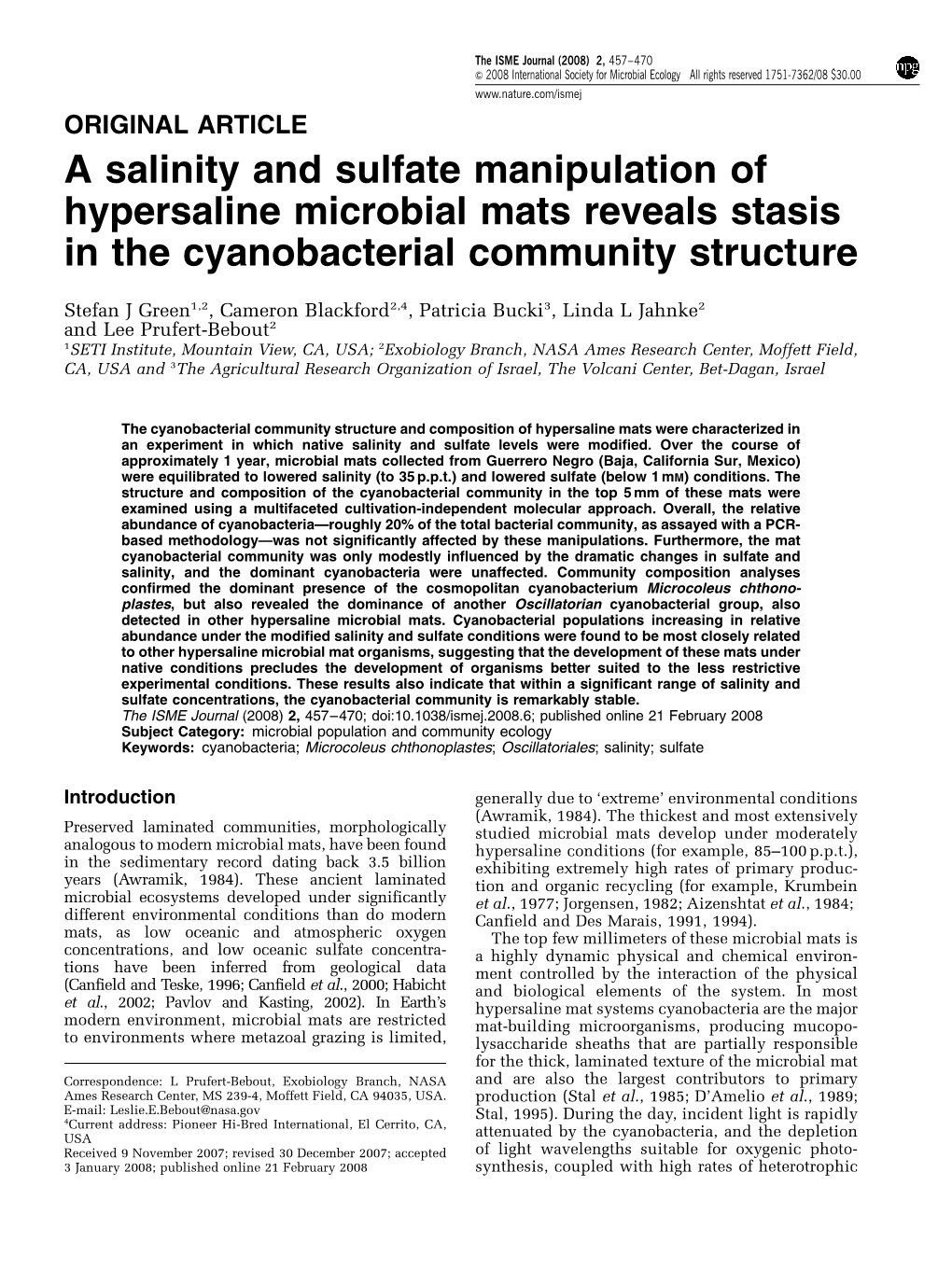 A Salinity and Sulfate Manipulation of Hypersaline Microbial Mats Reveals Stasis in the Cyanobacterial Community Structure