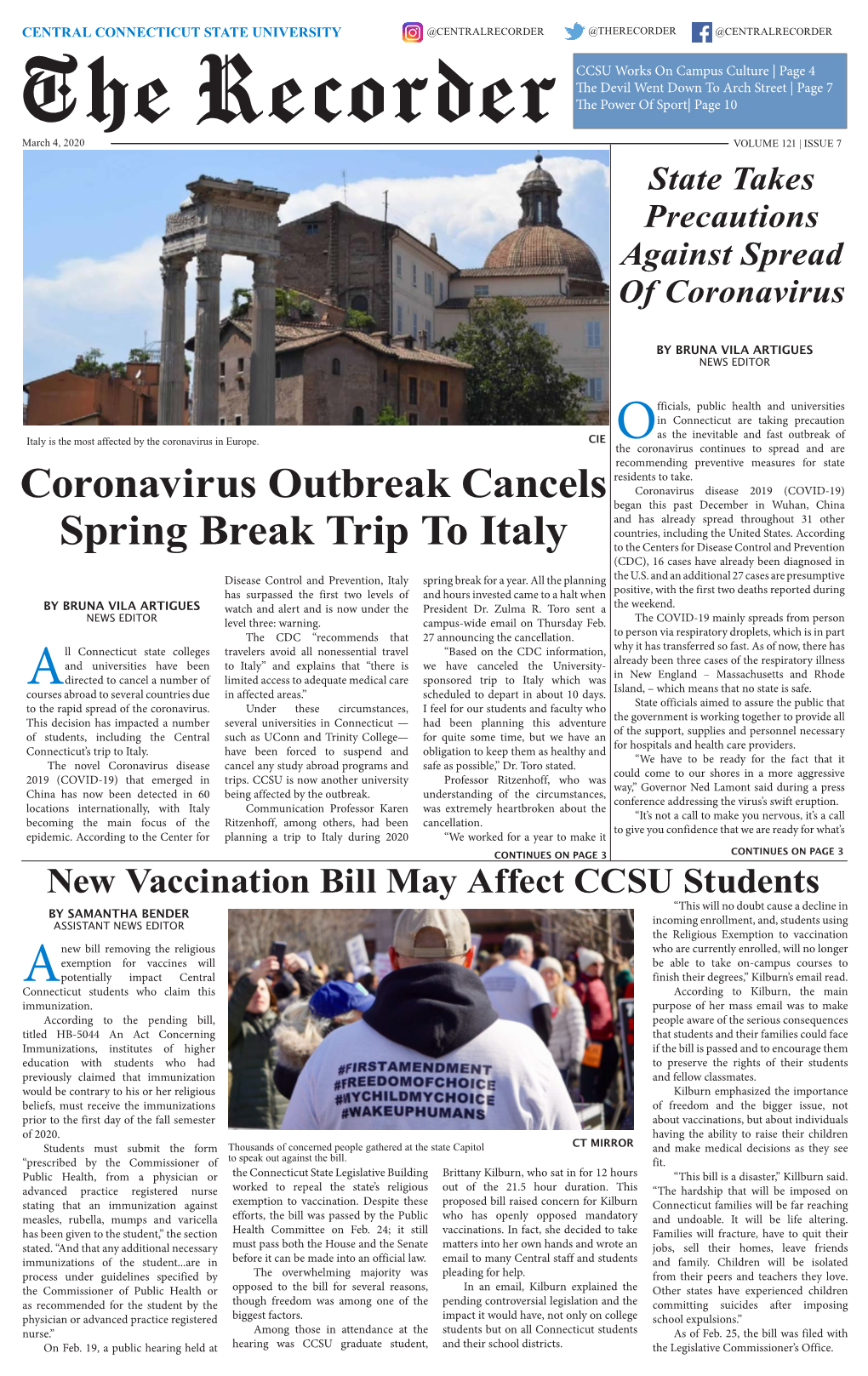 March 4, 2020 Recorder VOLUME 121 | ISSUE 7 State Takes Precautions Against Spread of Coronavirus